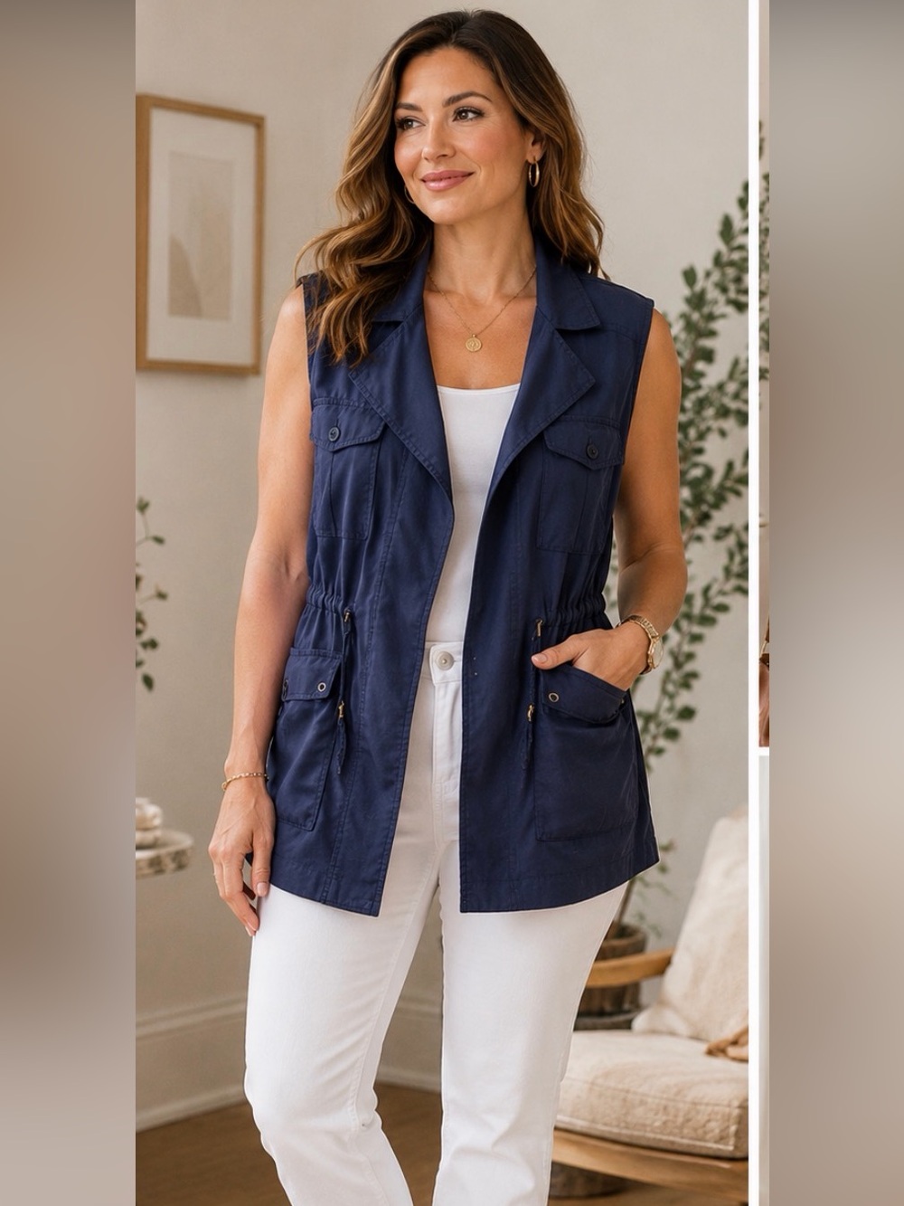Lauren Ralph Lauren Utility Safari Vest XL Navy Blue Lyocell Cargo Pocket